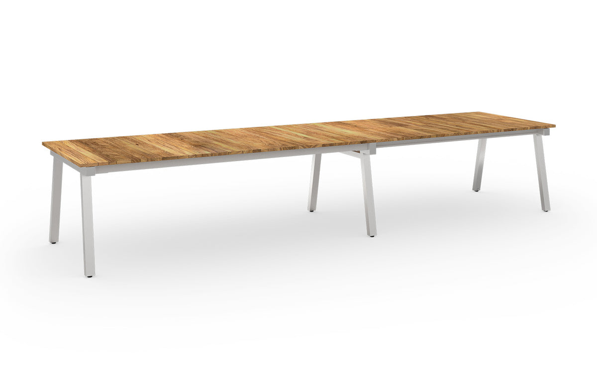 Maxximus Teak Extension Dining Table by Mamagreen - 96.5"-120"-143"-166.5"(Extendable), Hairline 304 Stainless Steel, Brushed Recycled Teak Wood.