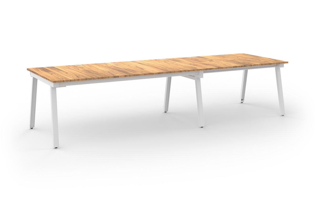 Maxximus Teak Extension Dining Table by Mamagreen - 84"-110"-135.5"(Extendable), Urban White Gloss Galvanized Steel, Smooth Sanded Premium Teak Wood.