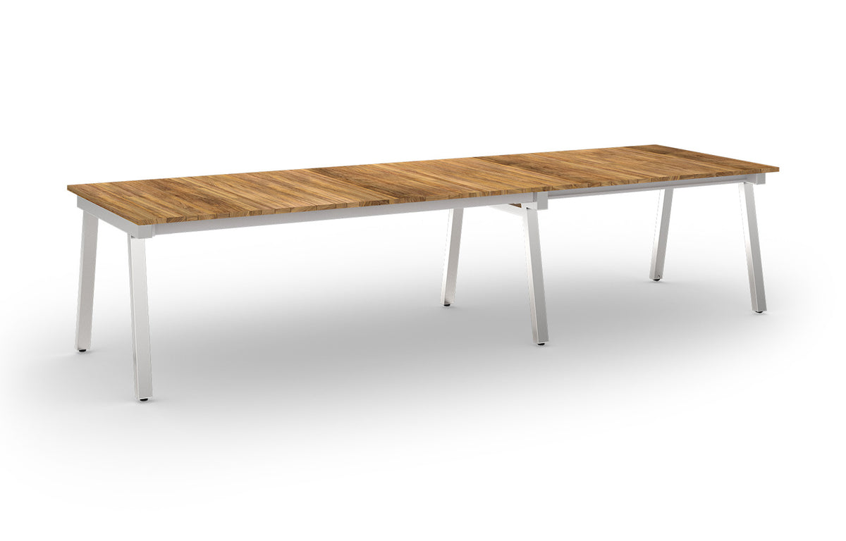 Maxximus Teak Extension Dining Table by Mamagreen - 84"-110"-135.5"(Extendable), Hairline 304 Stainless Steel, Brushed Recycled Teak Wood.
