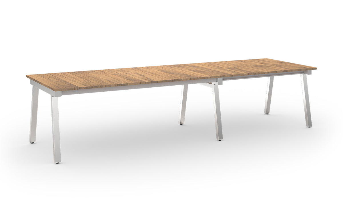 Maxximus Teak Extension Dining Table by Mamagreen - 84"-110"-135.5"(Extendable), Hairline 304 Stainless Steel, Smooth Sanded Premium Teak Wood.