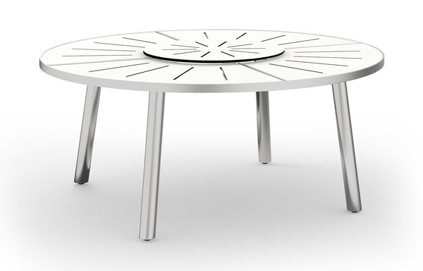 Meika Round Table with Rotating Tray by Mamagreen - Hairline 304 Stainless Steel, Alpes White HPL.