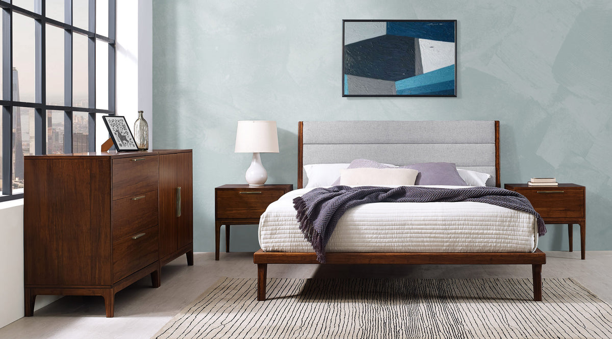 Mercury Upholstered Platform Bed by Greenington, showing mercury upholstered platform bed in live shot.