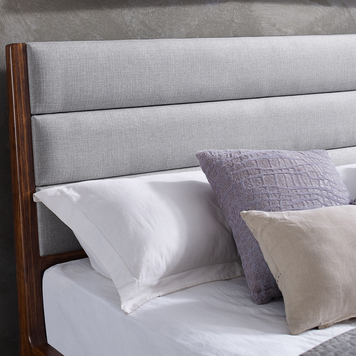 Mercury Upholstered Platform Bed by Greenington, showing closeup view of mercury upholstered platform bed in live shot.