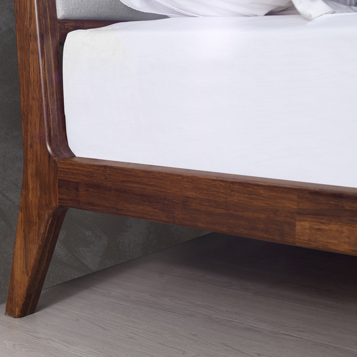 Mercury Upholstered Platform Bed by Greenington, showing closeup view of mercury upholstered platform bed in live shot.