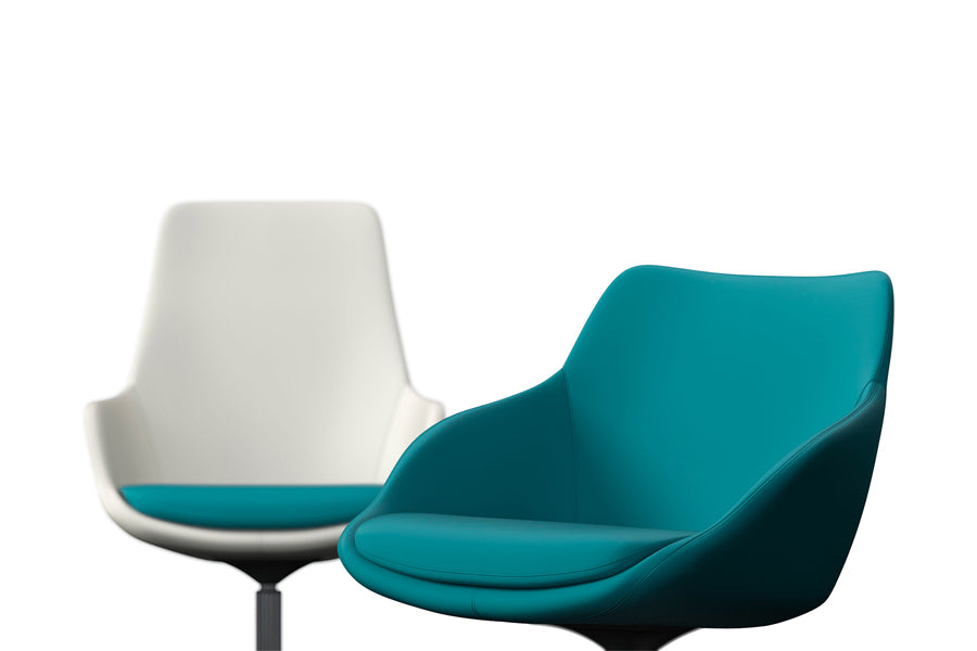 Metropolitan Pedestal Armchair by Kollektiff, showing closeup view of metropolitan pedestal armchairs in aluminum.