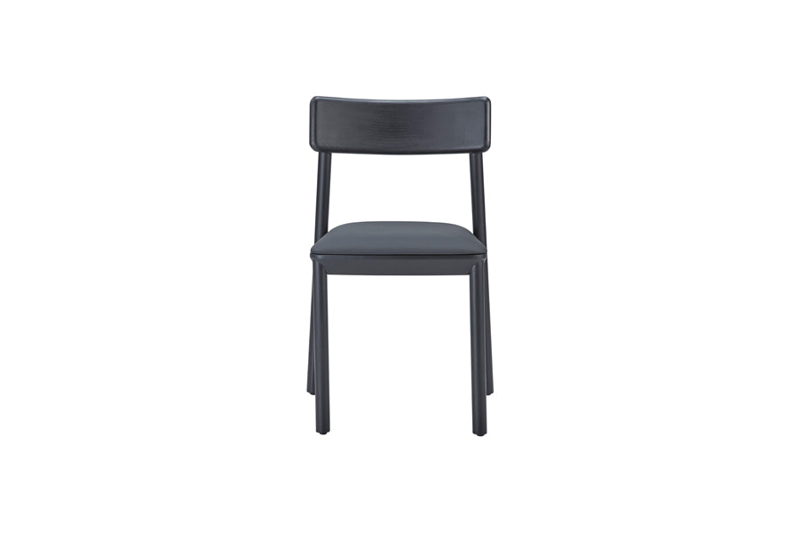 Mika Chair by B&T, showing front view of mika chair in black venner wood/dark gray new king eco-leather.