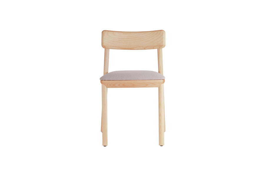Mika Chair by B&T, showing front view of mika chair in natural venner wood/beige nino fabric.