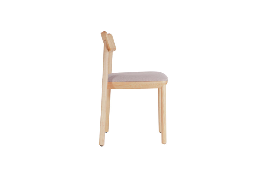 Mika Chair by B&T, showing side view of mika chair in natural venner wood/beige nino fabric.