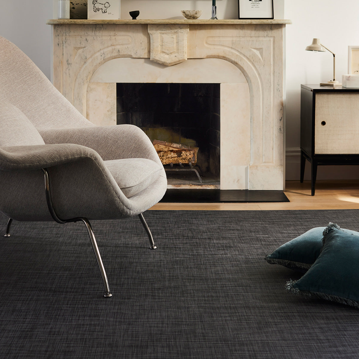 Mini Basketweave Rectangle Large Rug by Chilewich, showing closeup view of mini basketweave rectangle large rug in live shot.