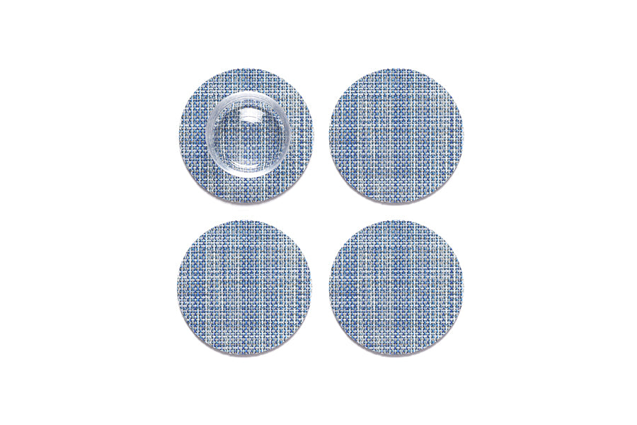 Mini Basketweave Round Coasters Set of 4 by Chilewich, showing top view of mini basketweave round coasters set of 4 in chambray mini weave.