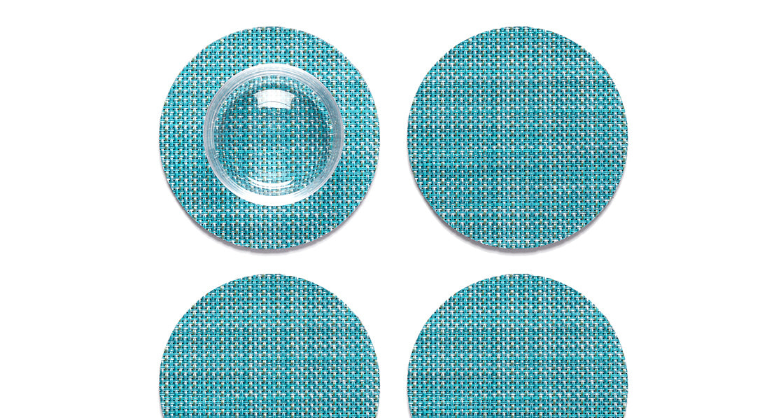 Mini Basketweave Round Coasters Set of 4 by Chilewich, showing closeup view of mini basketweave round coasters set of 4 in turquoise mini weave.