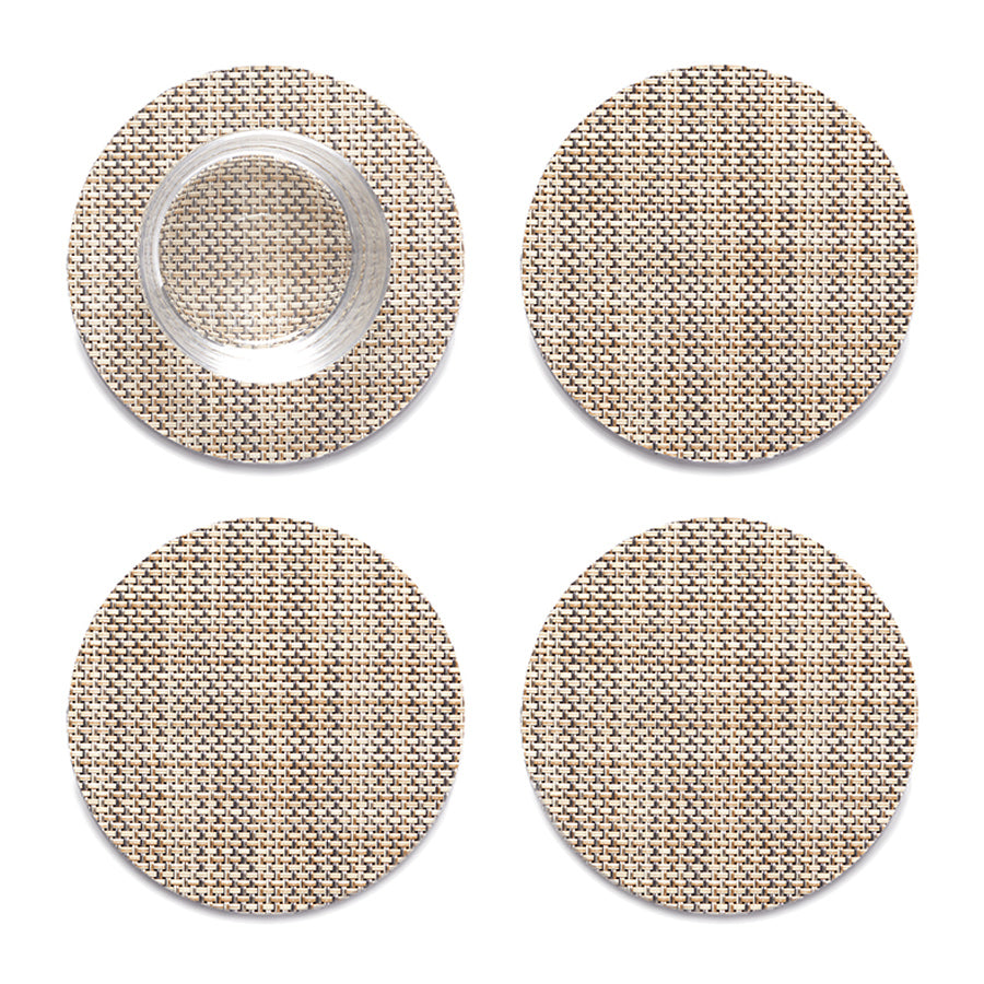 Mini Basketweave Round Coasters Set of 4 by Chilewich, showing top view of mini basketweave round coasters set of 4 in linen mini weave.