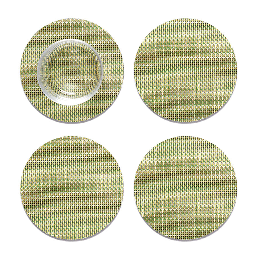 Mini Basketweave Round Coasters Set of 4 by Chilewich, showing top view of mini basketweave round coasters set of 4 in dill mini weave.