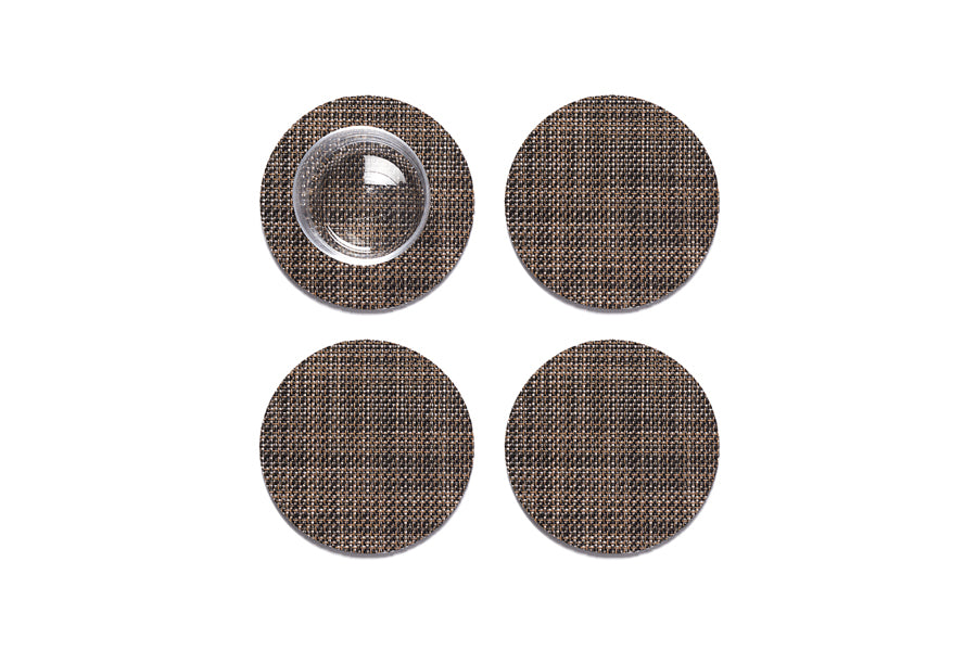 Mini Basketweave Round Coasters Set of 4 by Chilewich, showing top view of mini basketweave round coasters set of 4 in dark walnut mini weave.