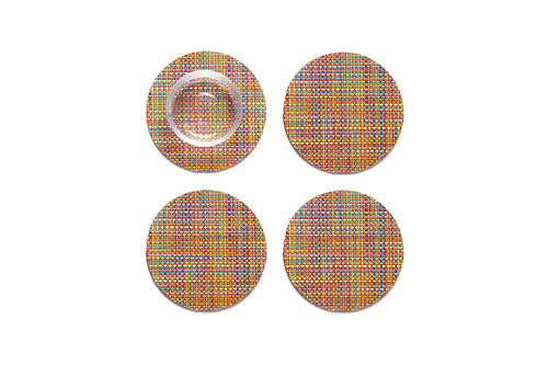 Mini Basketweave Round Coasters Set of 4 by Chilewich, showing top view of mini basketweave round coasters set of 4 in confetti mini weave.