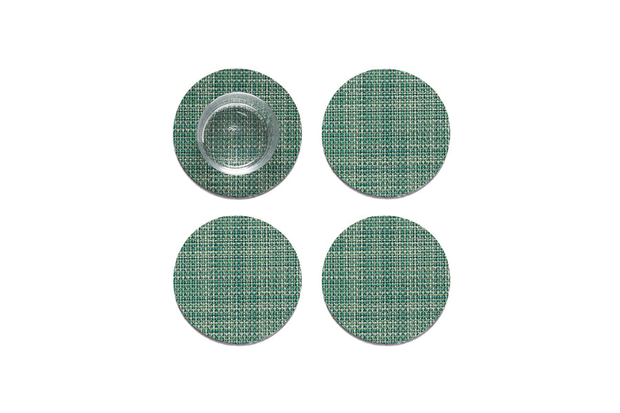 Mini Basketweave Round Coasters Set of 4 by Chilewich, showing top view of mini basketweave round coasters set of 4 in ivy mini weave.