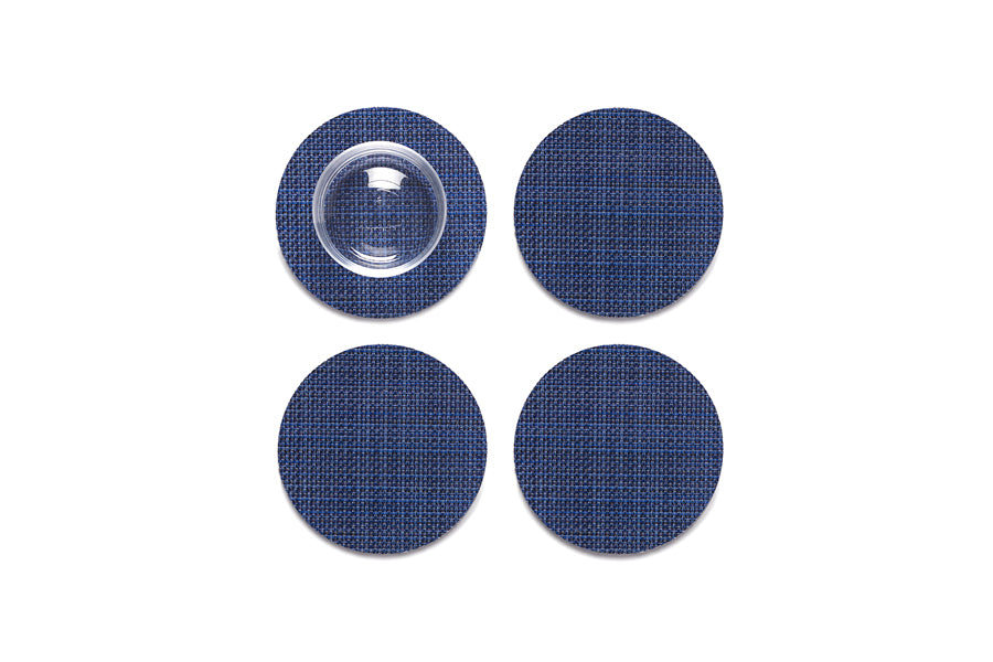 Mini Basketweave Round Coasters Set of 4 by Chilewich, showing top view of mini basketweave round coasters set of 4 in indigo mini weave.
