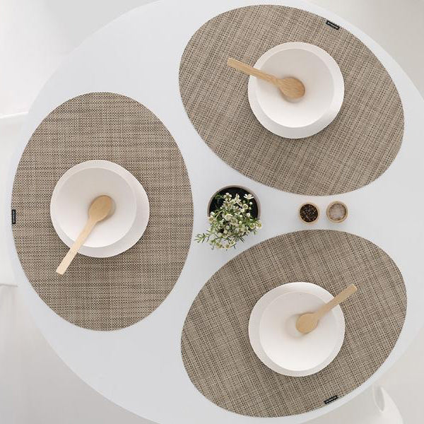 Mini Basketweave Tabletop by Chilewich, showing mini bastketweave tabletops in live shot.