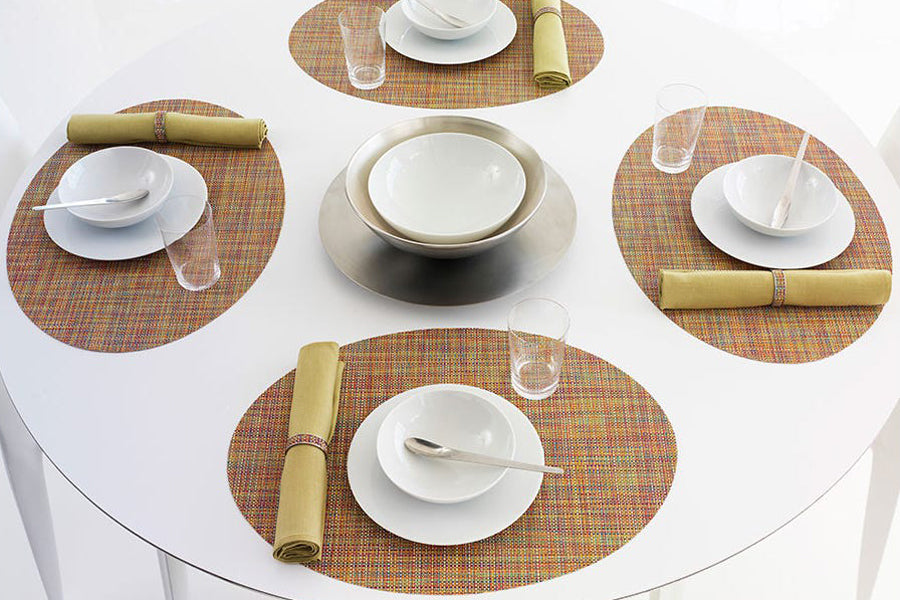 Mini Basketweave Tabletop by Chilewich, showing mini bastketweave tabletops in live shot.