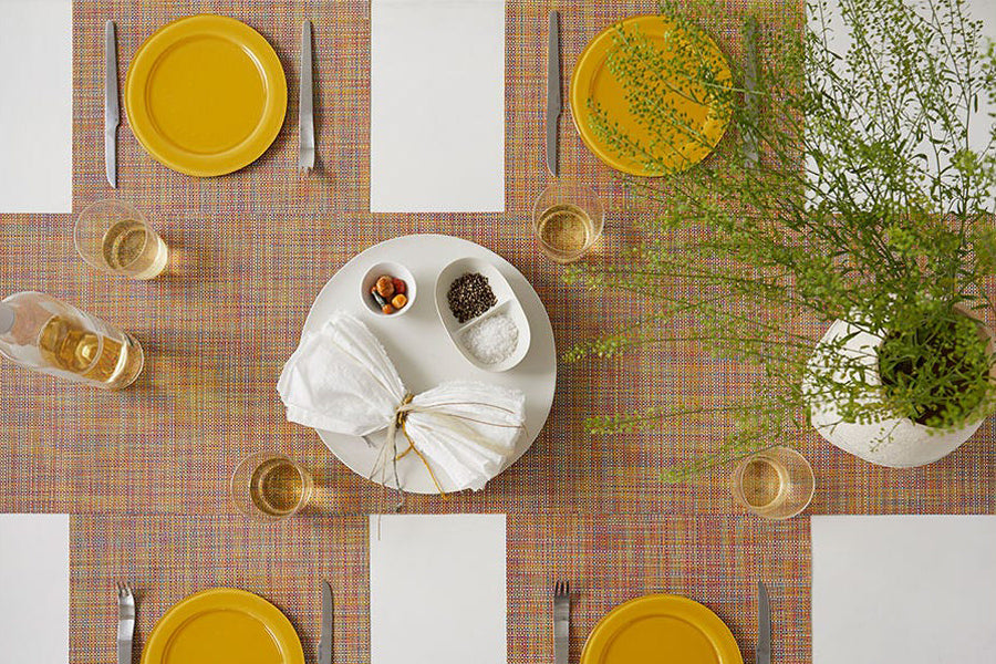 Mini Basketweave Tabletop by Chilewich, showing mini bastketweave tabletops in live shot.