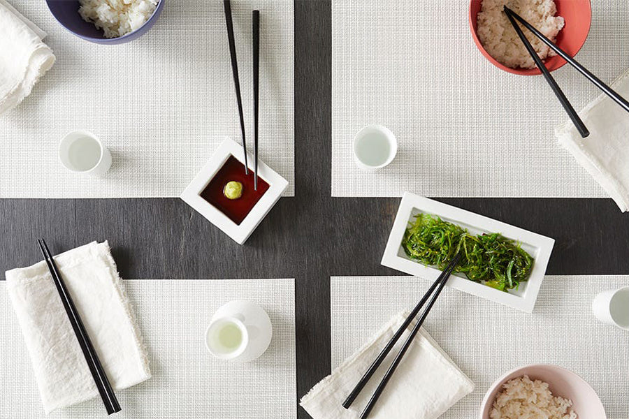 Mini Basketweave Tabletop by Chilewich, showing mini bastketweave tabletops in live shot.