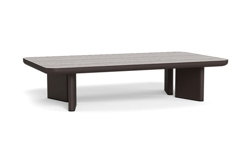 Moab Coffee Table by Harbour - Rectangle, Bronze Aluminum, Travertine Dark Grey.