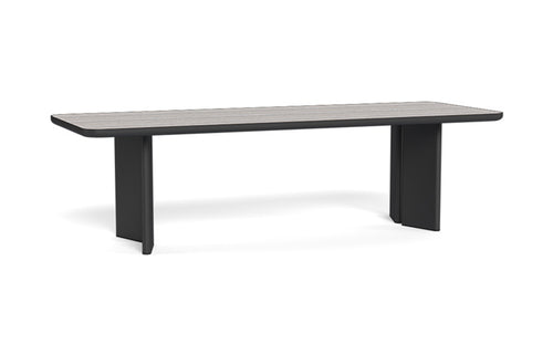 Moab Dining Table by Harbour - Rectangle, Asteroid Aluminum/Travertine Dark Grey.