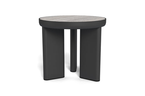 Moab Side Table by Harbour, showing back view of moab side table in asteroid aluminum/travertine dark grey.