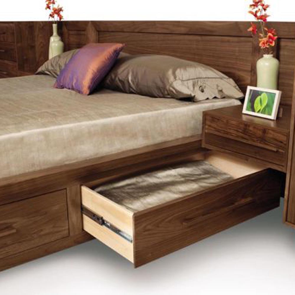 Moduluxe 35"H Storage Based with Panel Headboard Bedroom Collection - King by Copeland Furniture, showing closeup view of moduluxe 35"H storage based with panel headboard bedroom collection - king in live shot.