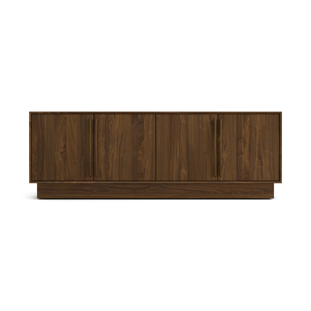 Moduluxe Wide 4 Door Storage Console by Copeland Furniture, showing front view of moduluxe wide 4 door storage console in 66" low/natural walnut.