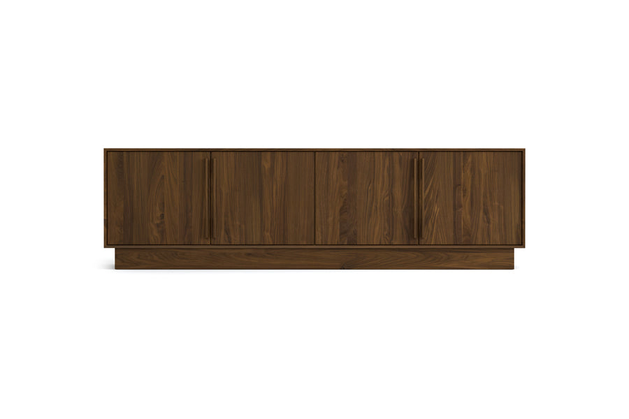 Moduluxe Wide 4 Door Storage Console by Copeland Furniture, showing front view of moduluxe wide 4 door storage console in 79" low/natural walnut.