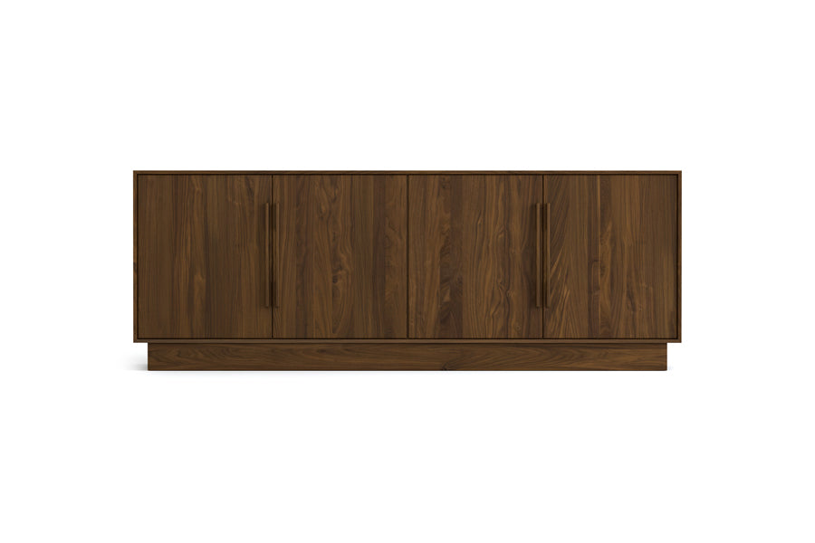Moduluxe Wide 4 Door Storage Console by Copeland Furniture, showing front view of moduluxe wide 4 door storage console in 79" high/natural walnut.