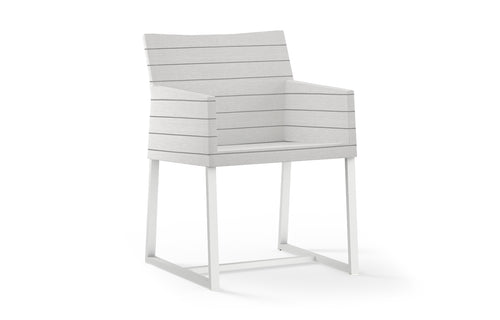Mono Dining Chair by Mamagreen - White Sand Aluminum, Pinstripe Sand Twitchell Leisuretex Upholstery.