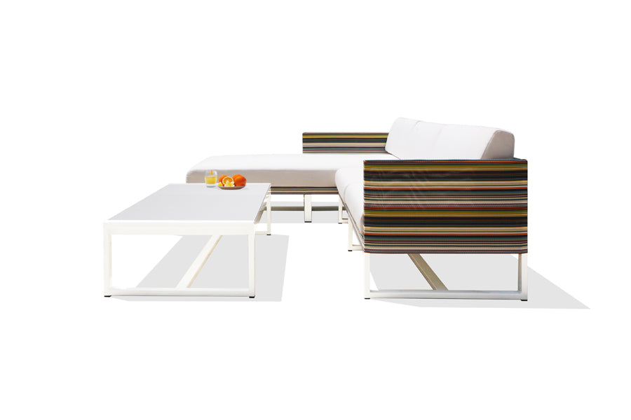 Mono HPL Low Coffee Table by Mamagreen, showing side view of mono hpl low coffee table in 59" x 28.5"/white sand aluminum/alpes white HPL.