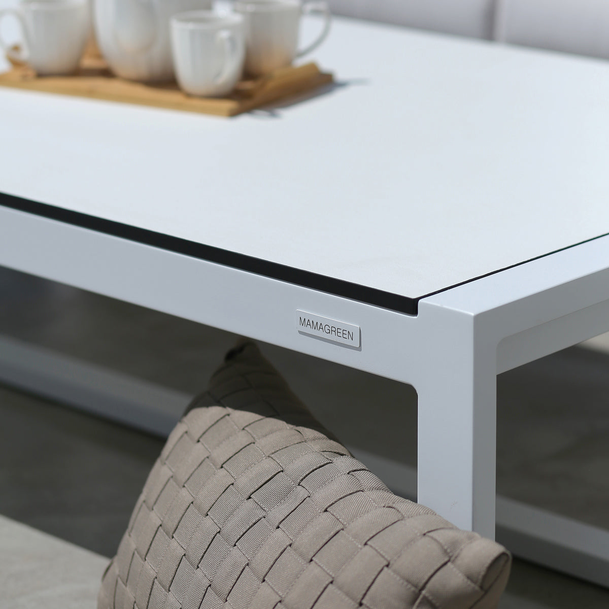 Mono HPL Low Coffee Table by Mamagreen, showing closeup view of mono hpl low coffee table in live shot.