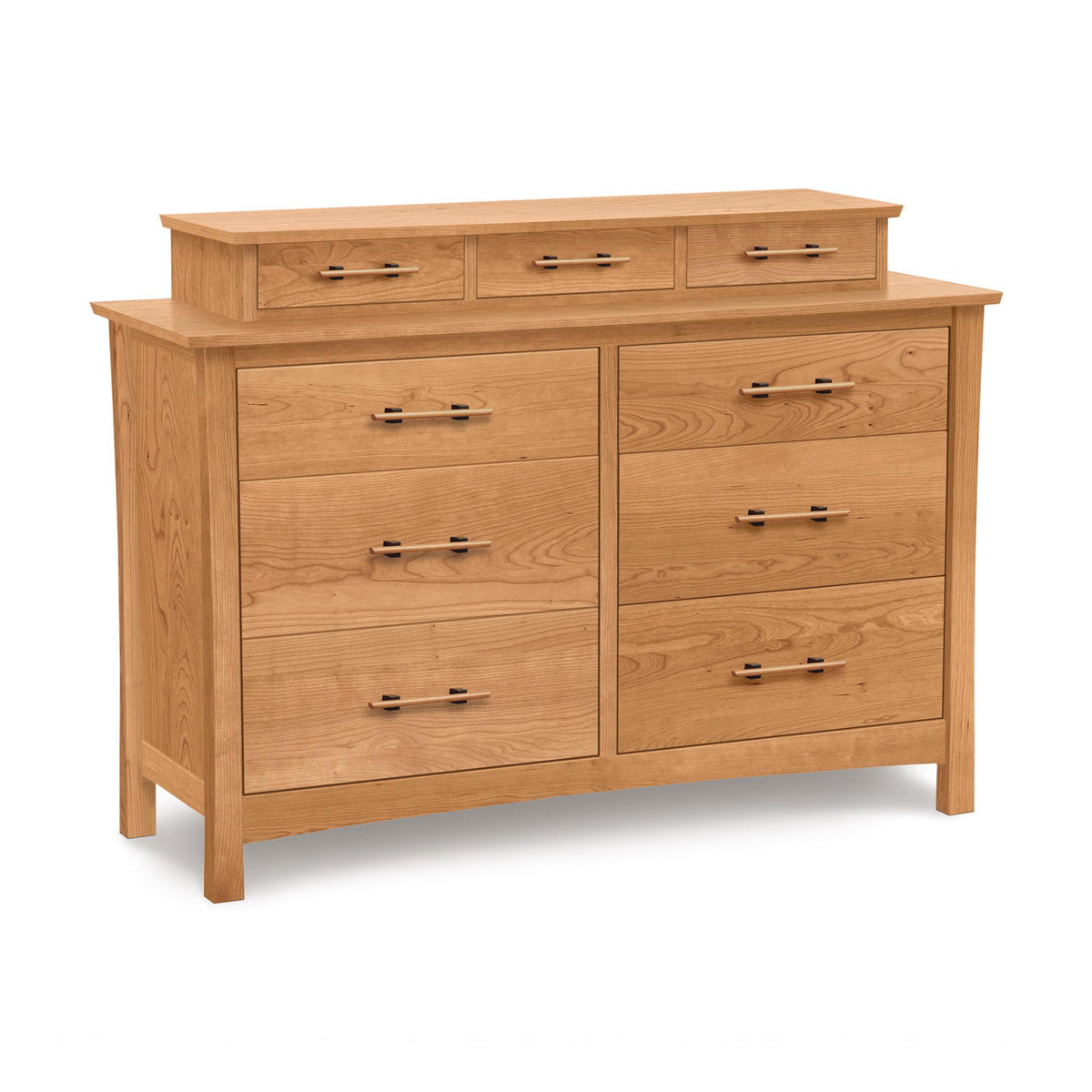 Monterey Dresser Accessory Case by Copeland Furniture, showing angle view of monterey dresser accessory case in natural cherry with monterey dresser.