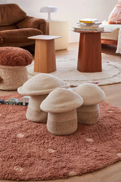 Mushrooms Hunts Washable Rug  by Lorena Canals, showing mushrooms hunts washable rug in live shot.