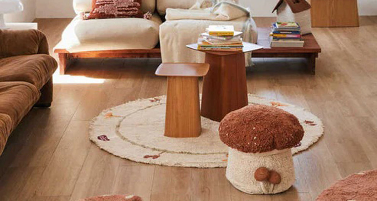 Mushrooms Hunts Washable Rug  by Lorena Canals, showing mushrooms hunts washable rug in live shot.