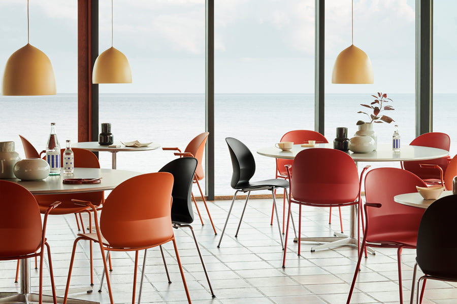 N02 Recycle Chair by Fritz Hansen, showing n02 recycle chairs in live shot.