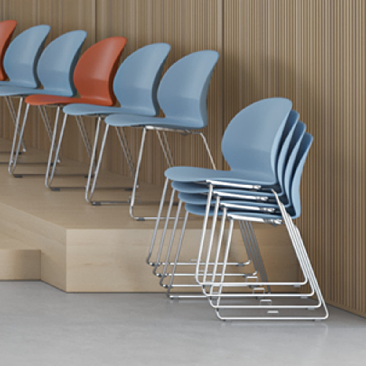 N02 Recycle Sledge Welded Chair by Fritz Hansen, showing n02 recycle sledge welded chairs in live shot.