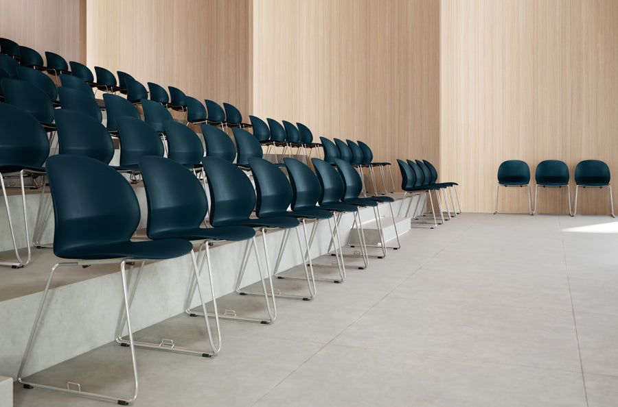 N02 Recycle Sledge Welded Chair by Fritz Hansen, showing n02 recycle sledge welded chairs in live shot.