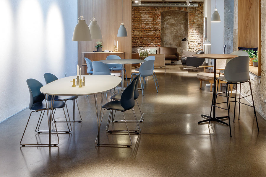N02 Recycle Sledge Welded Chair by Fritz Hansen, showing n02 recycle sledge welded chairs in live shot.