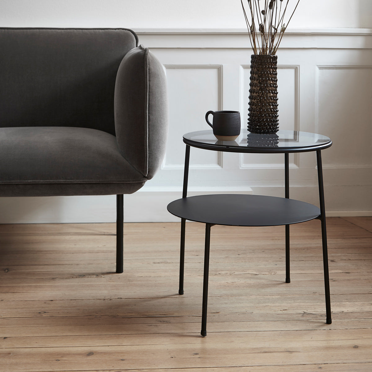 Nakki Sofa by Woud, showing closeup view of nakki sofa in live shot.
