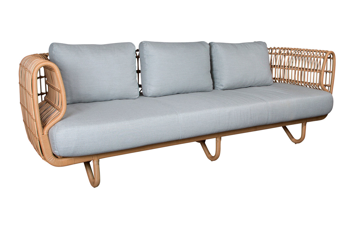 Nest Outdoor Sofa by Cane-Line - 3-Seater, Natural Frame/Light Grey Cushion.