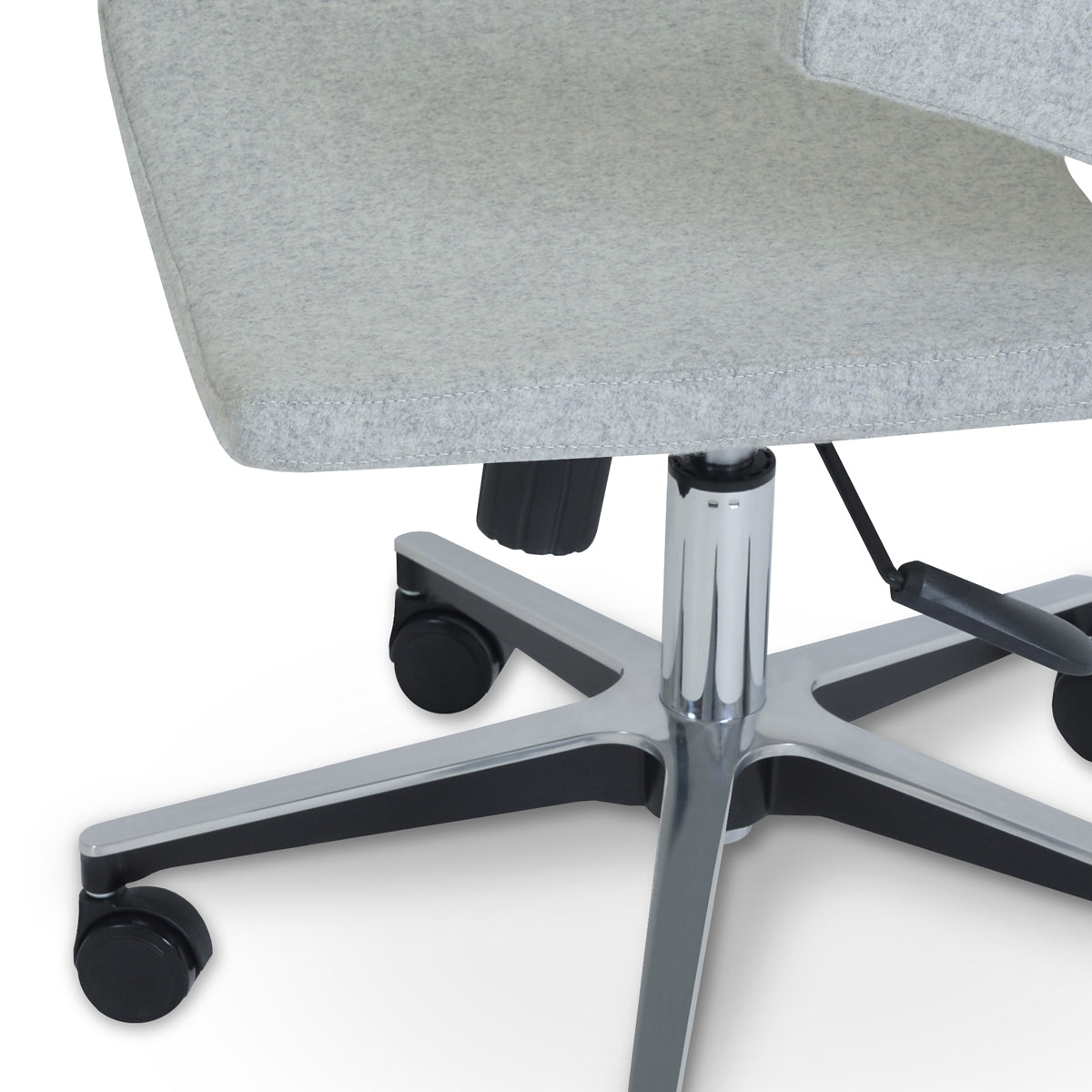 Nevada Office Armchair by SohoConcept, showing closeup view of nevada office armchair in chrome plated steel/camira blazer silver wool.