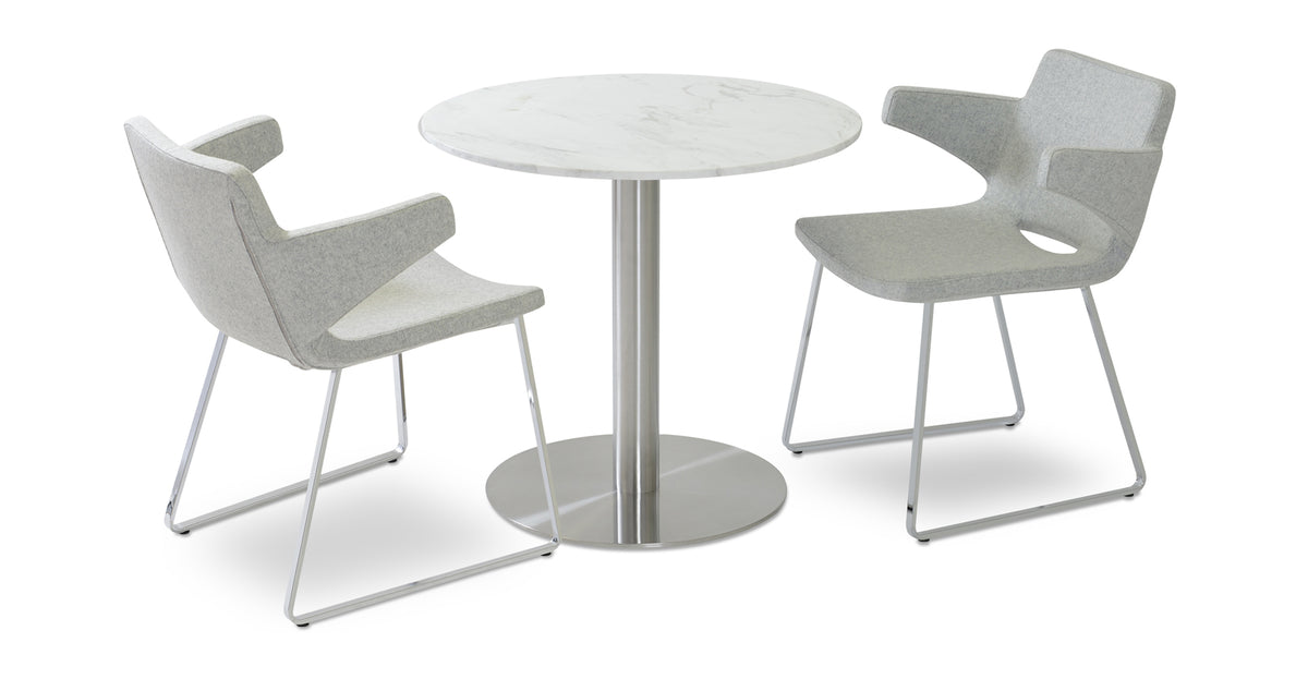 Nevada Sled Arm Chair by SohoConcept, showing different angle views of nevada sled arm chairs in camira blazer silver wool with table.