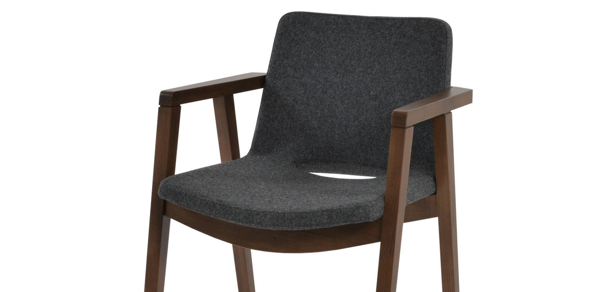 Nevada Wood Arm Dining Chair by SohoConcept, showing closeup view of nevada wood arm dining chair in beech walnut wood/camira blazer dark grey wool.