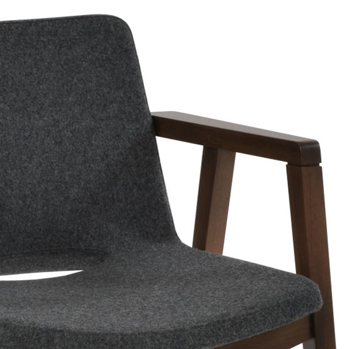 Nevada Wood Arm Dining Chair by SohoConcept, showing closeup view of nevada wood arm dining chair in beech walnut wood/camira blazer dark grey wool.