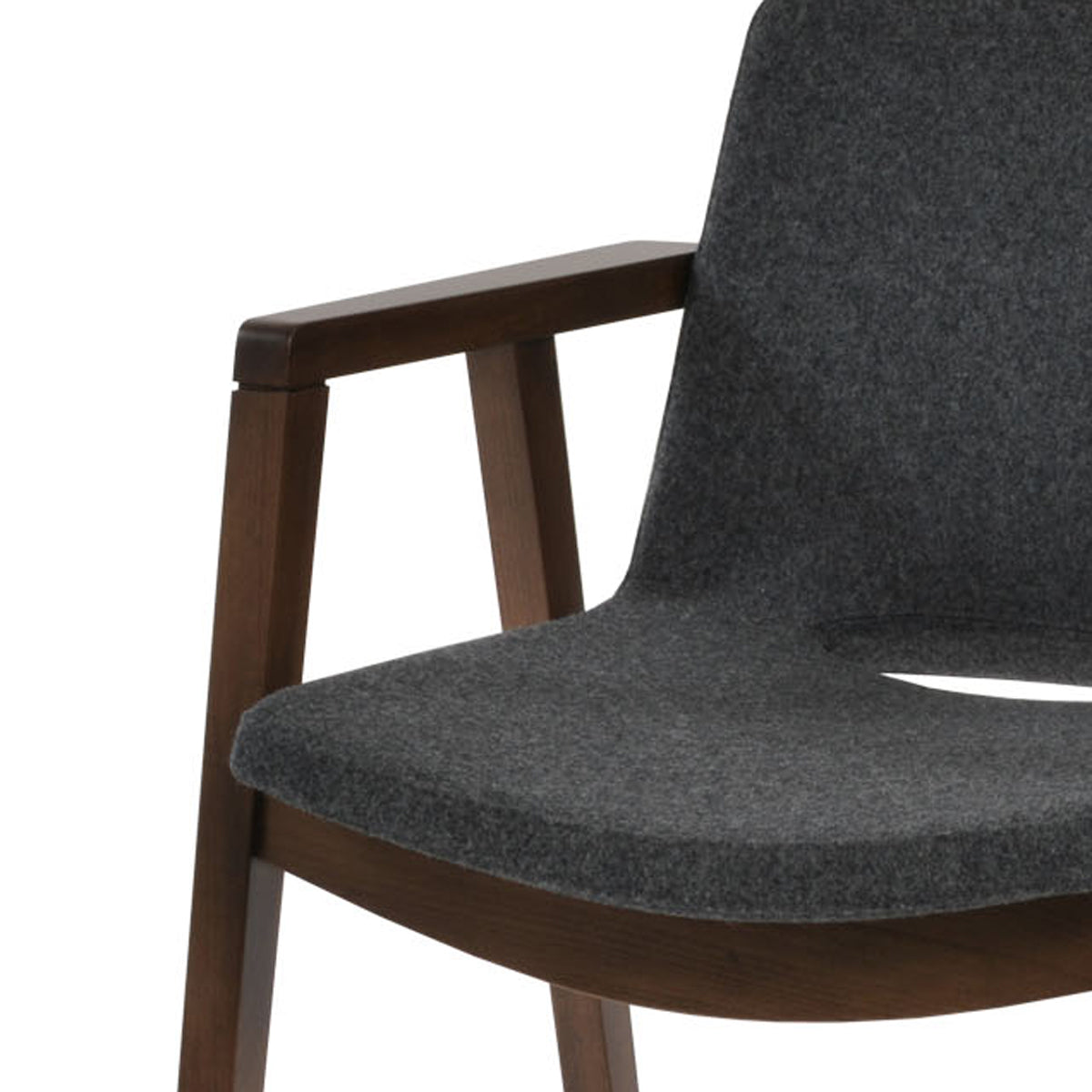 Nevada Wood Arm Dining Chair by SohoConcept, showing closeup view of nevada wood arm dining chair in beech walnut wood/camira blazer dark grey wool.