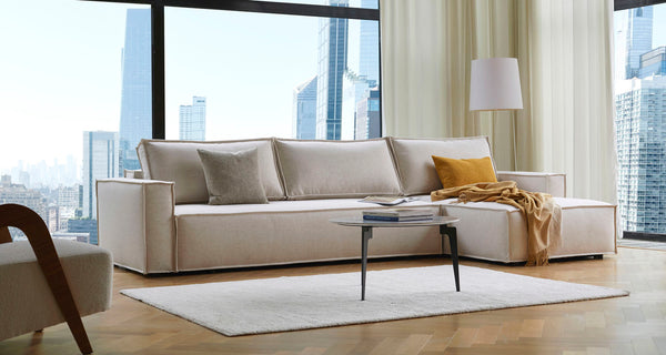 Newilla Sofa Bed With Lounger with Standard Arms by Innovation, showing newilla sofa bed with lounger with standard arms in live shot.